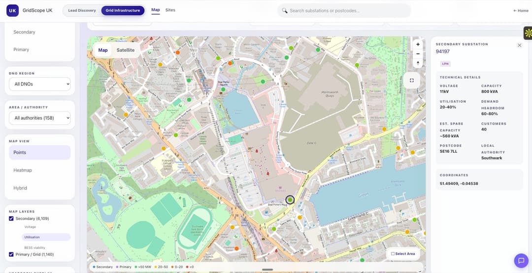 GridScope UK, a map tool showing substation capacity and headroom across London