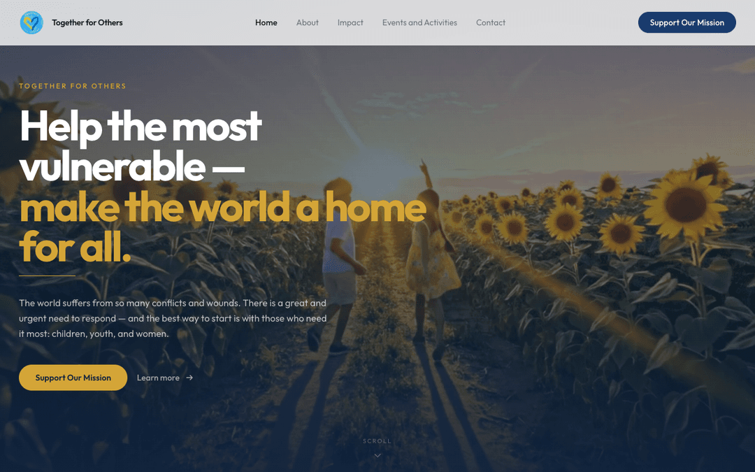 Homepage of the Together for Others charity website